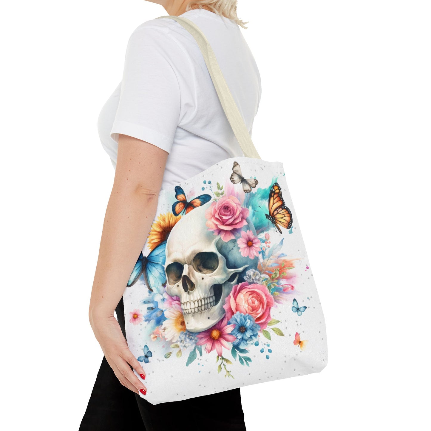 Watercolor Skull and Butterflies (white) - Tote Bag (AOP)