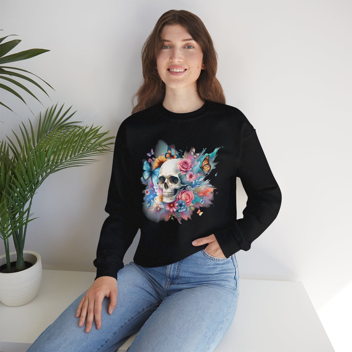 Watercolor Skull and Butterflies - Unisex Heavy Blend™ Crewneck Sweatshirt
