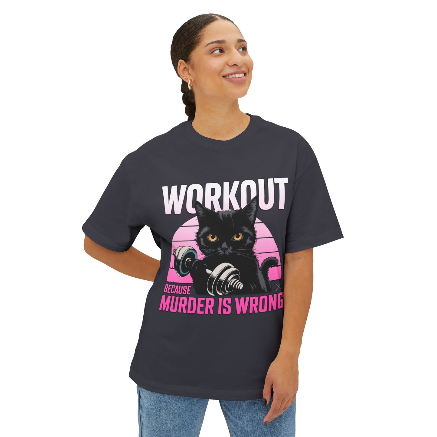 Funny Cat Workout Tee - Unisex Oversized Boxy T-Shirt