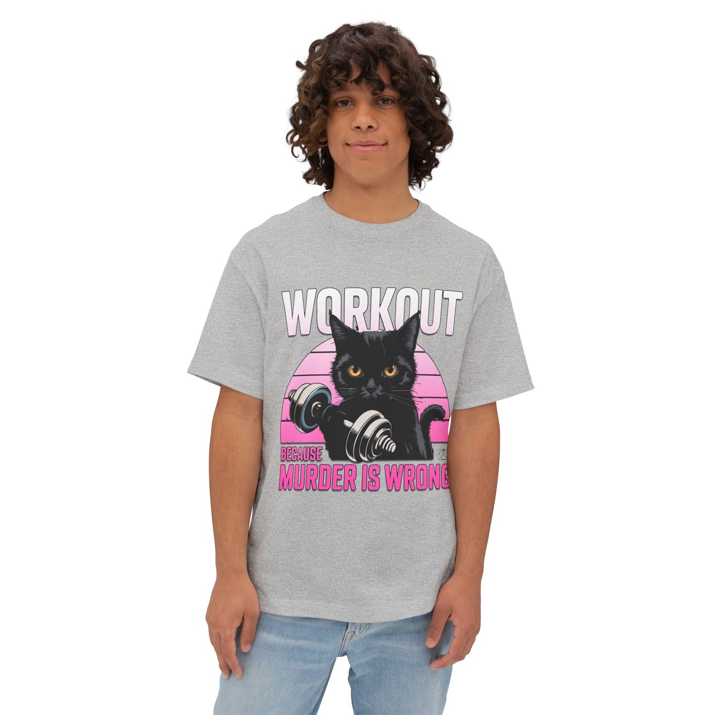 Unisex Funny Cat Workout Tee - Oversized Boxy T-Shirt