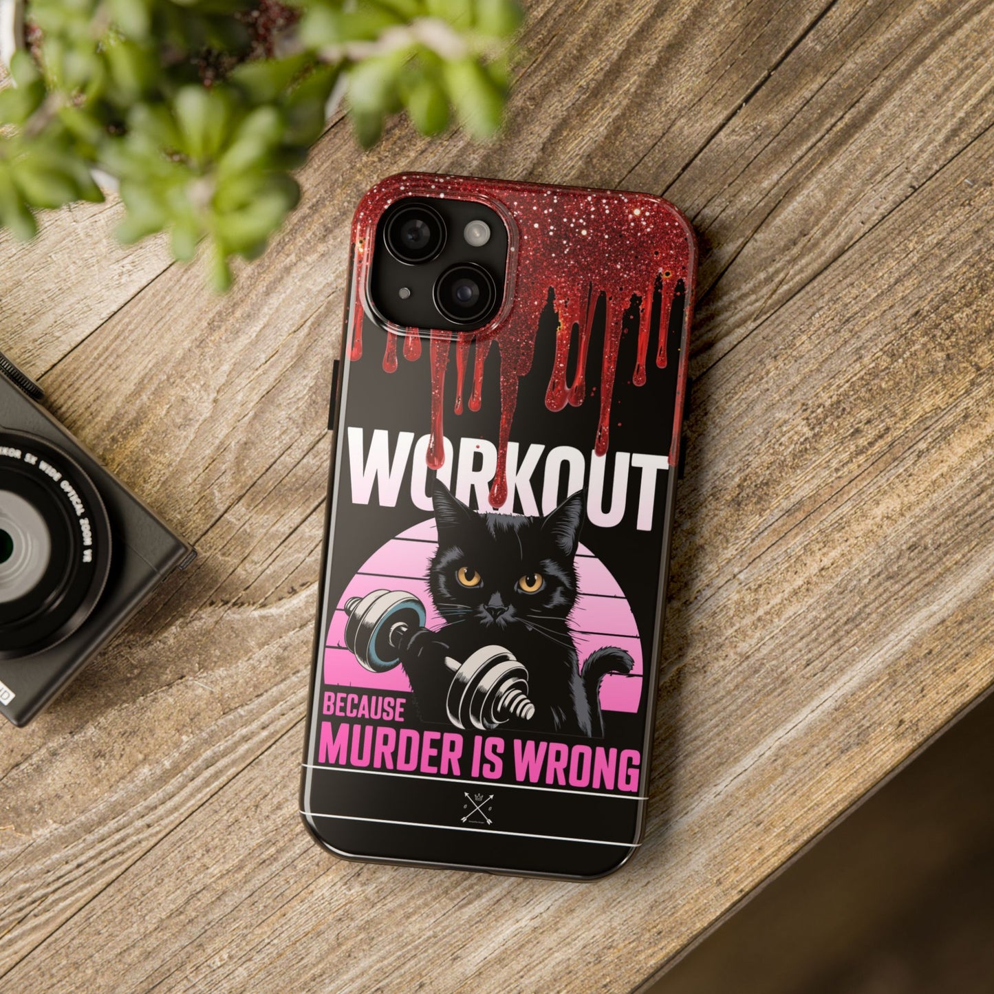 Edgy Cat Tough Phone Case - 'Workout Because Murder Is Wrong'