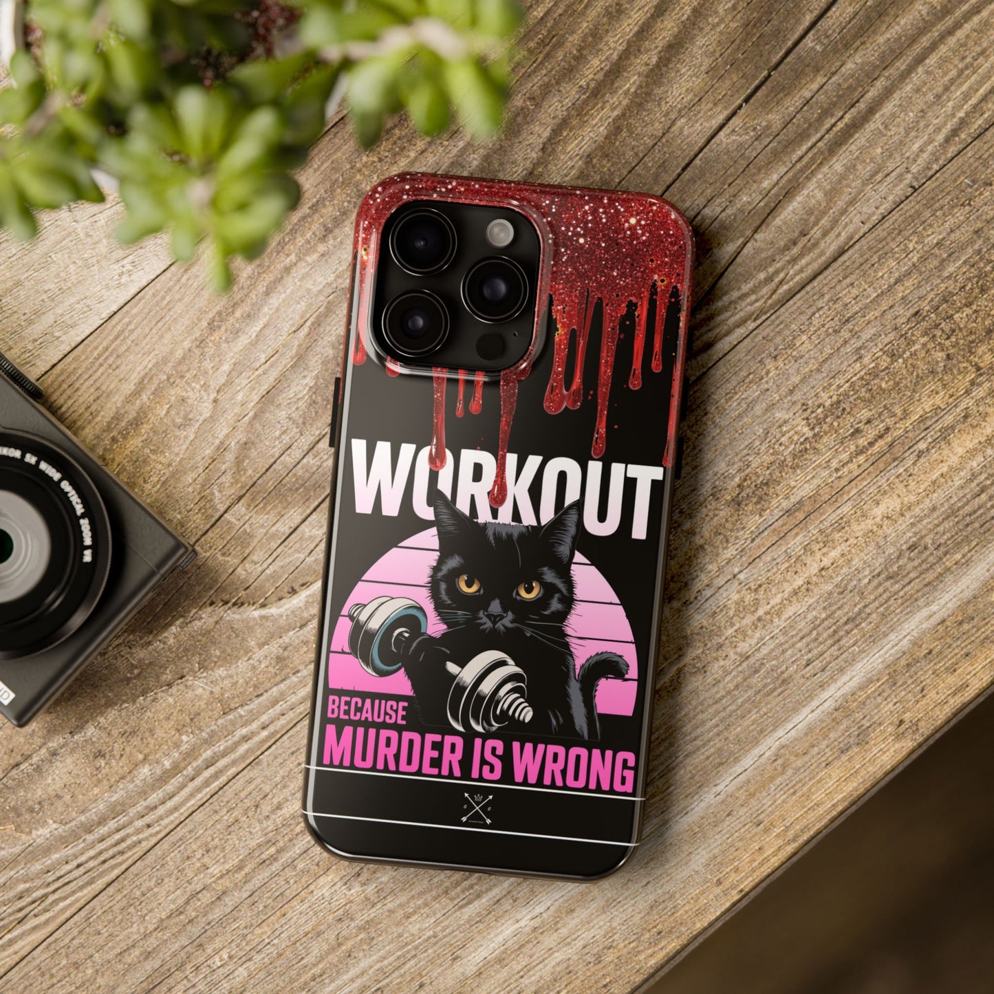 Edgy Cat Tough Phone Case - 'Workout Because Murder Is Wrong'