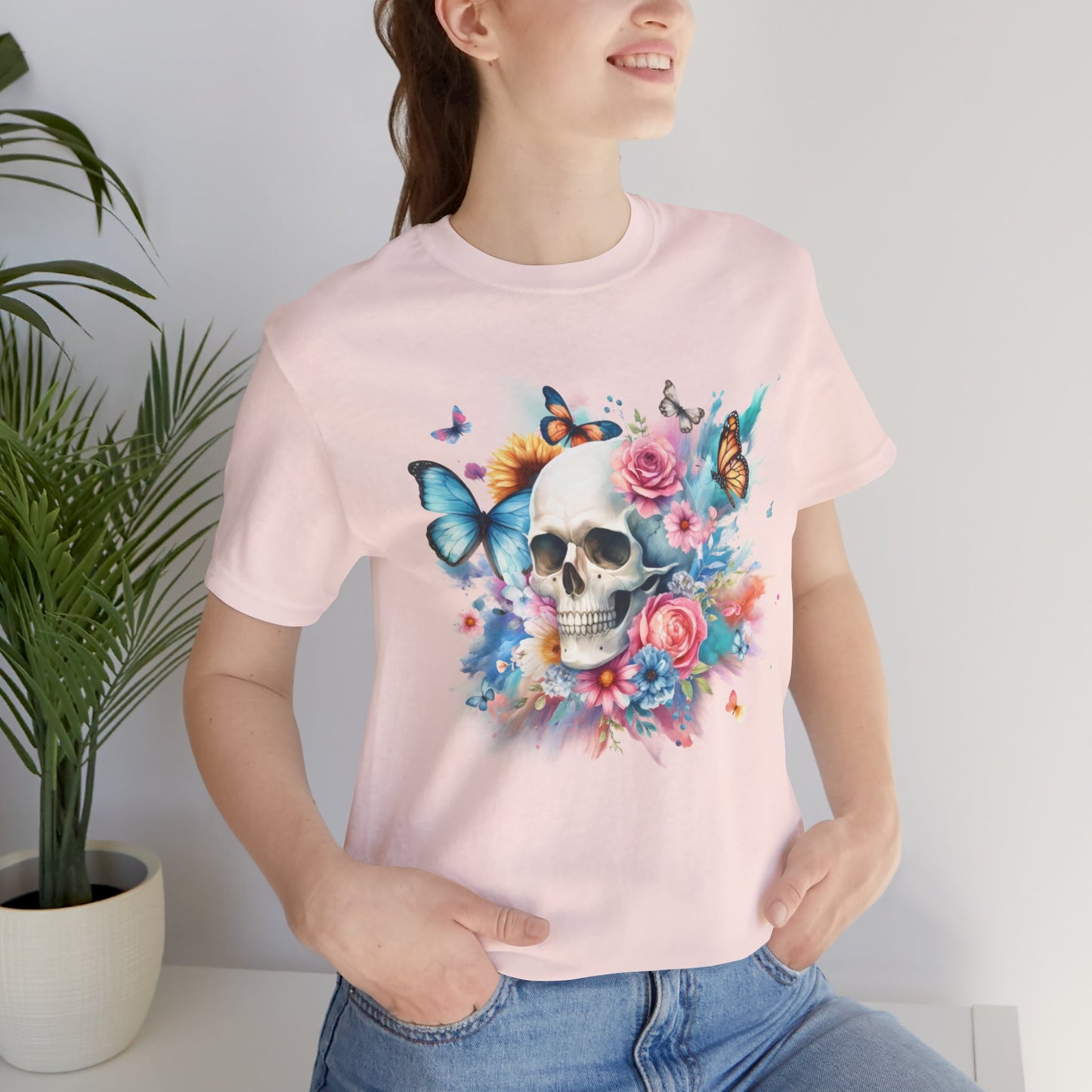 Watercolor Skull and Butterflies - Unisex Jersey Short Sleeve Tee