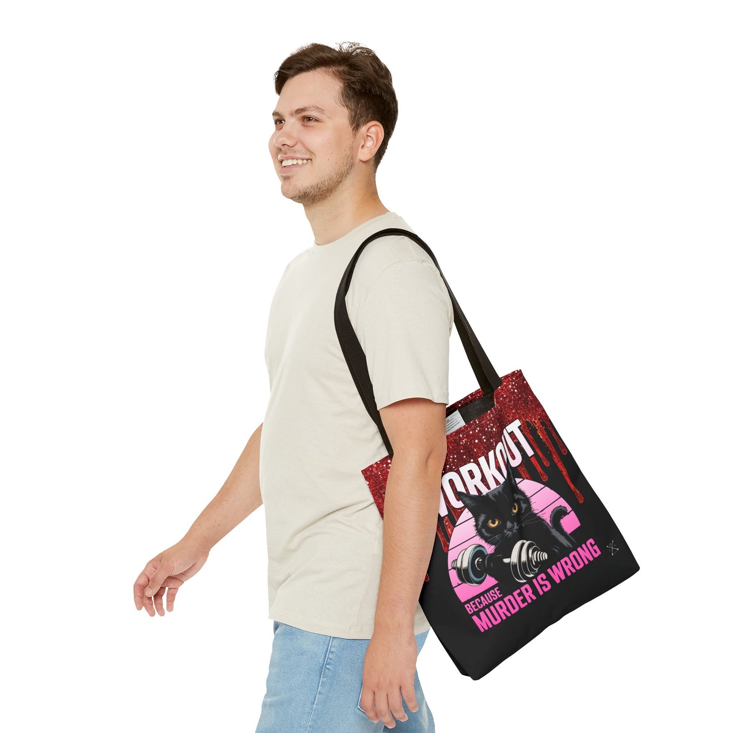 Tote Bag - Cat Design | 'Workout Because Murder is Wrong'