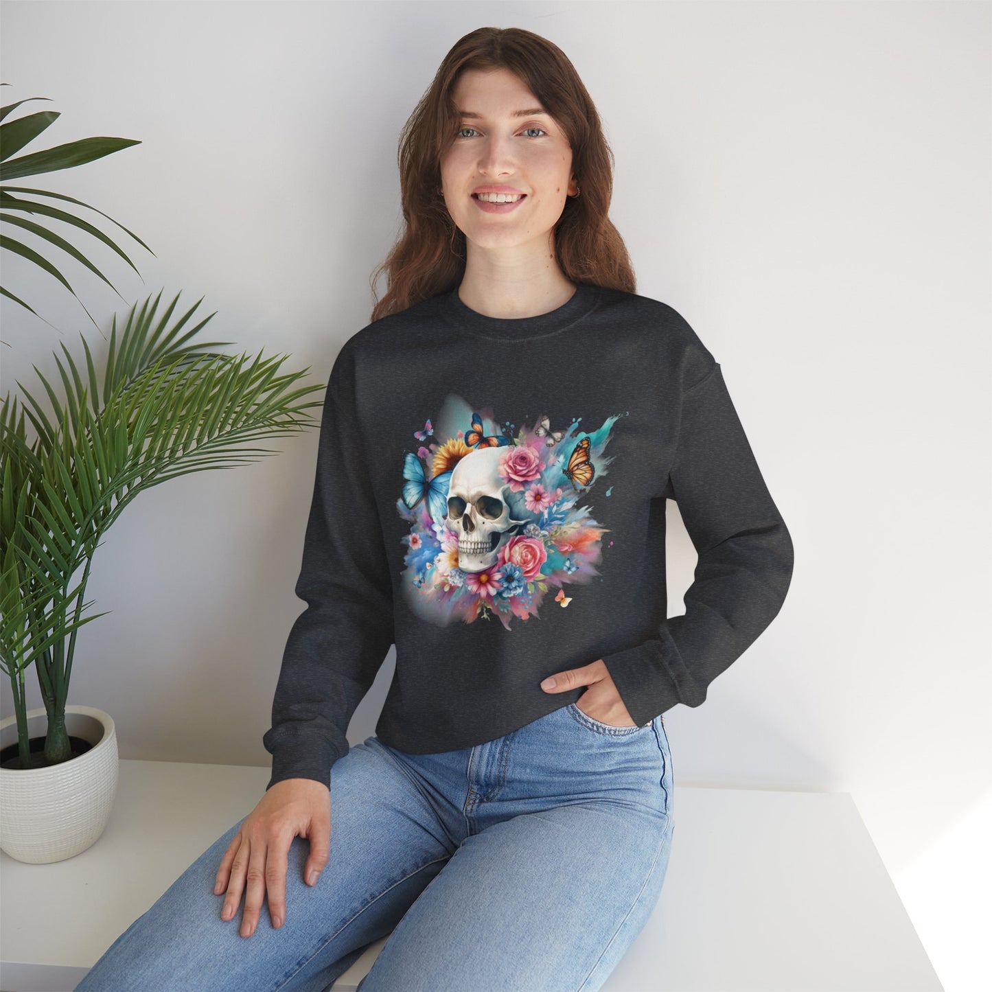 Watercolor Skull and Butterflies - Unisex Heavy Blend™ Crewneck Sweatshirt