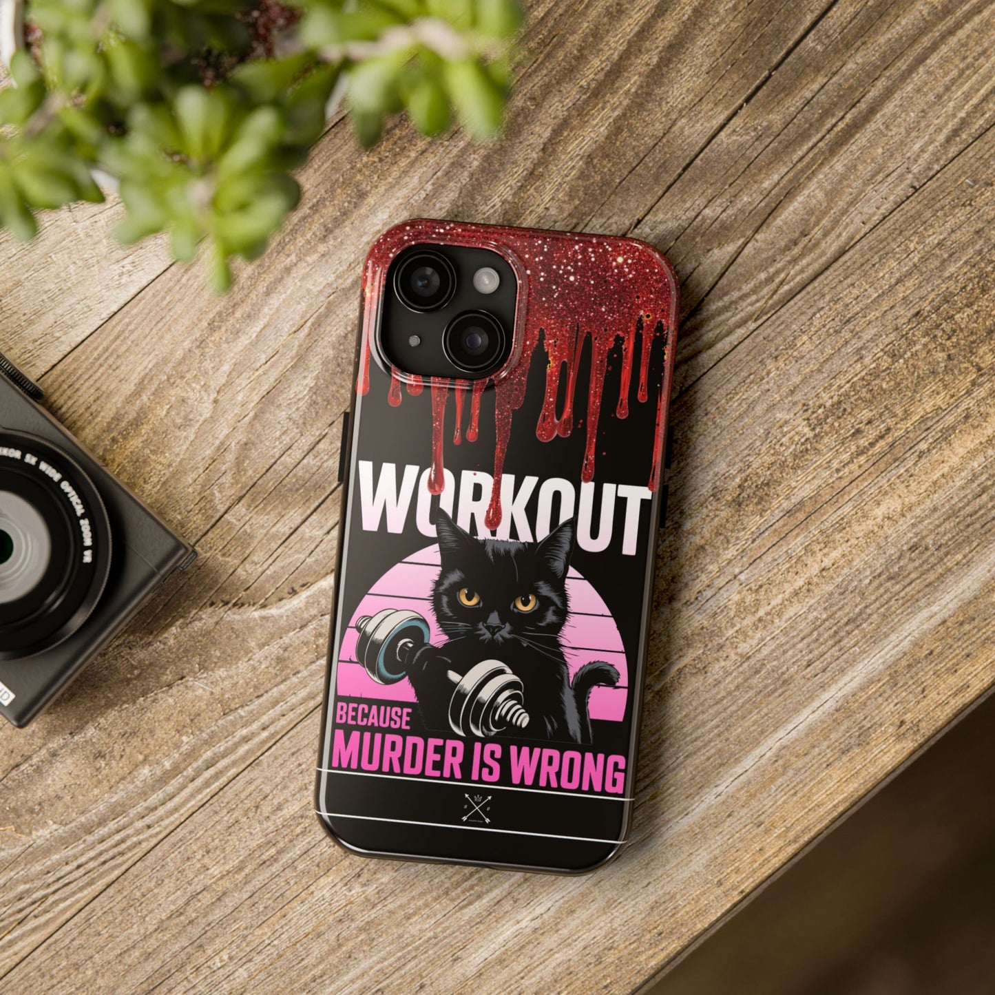 Edgy Cat Tough Phone Case - 'Workout Because Murder Is Wrong'