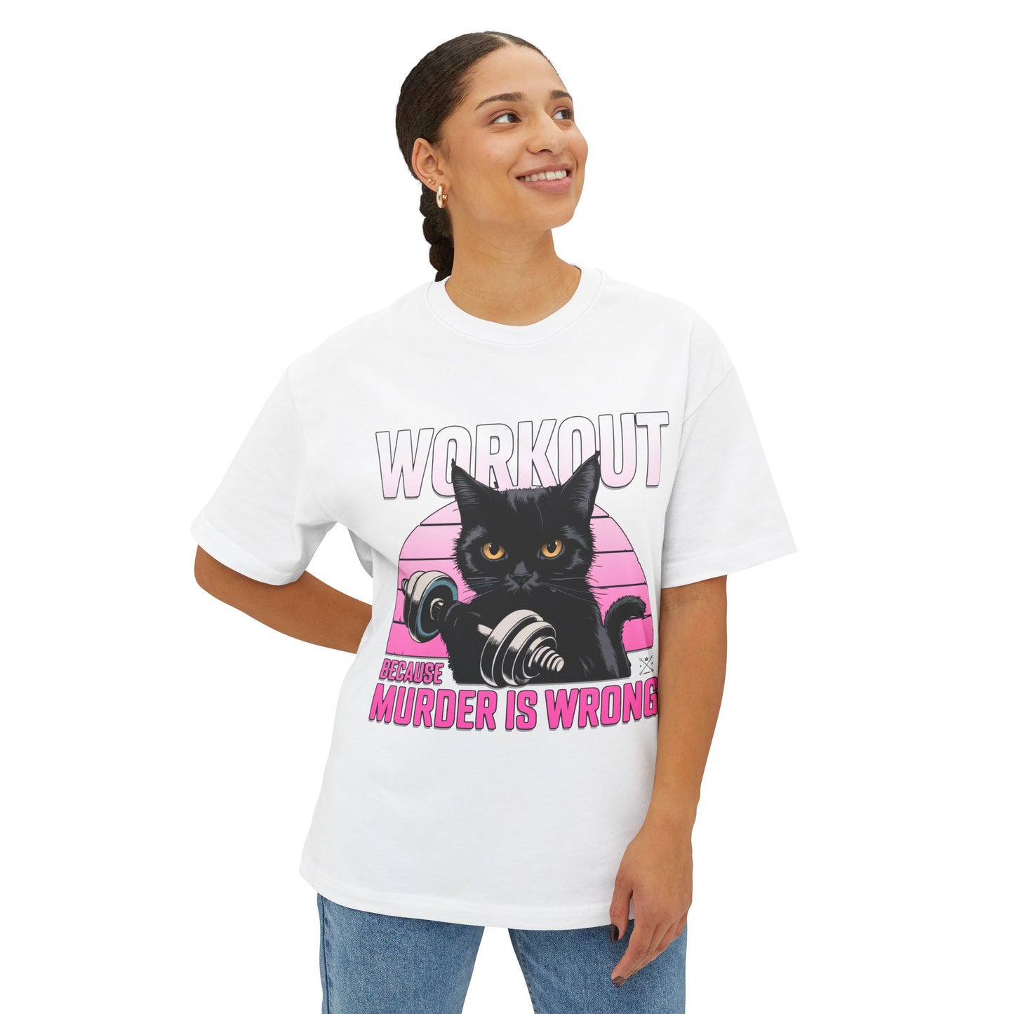 Funny Cat Workout Tee - Unisex Oversized Boxy T-Shirt