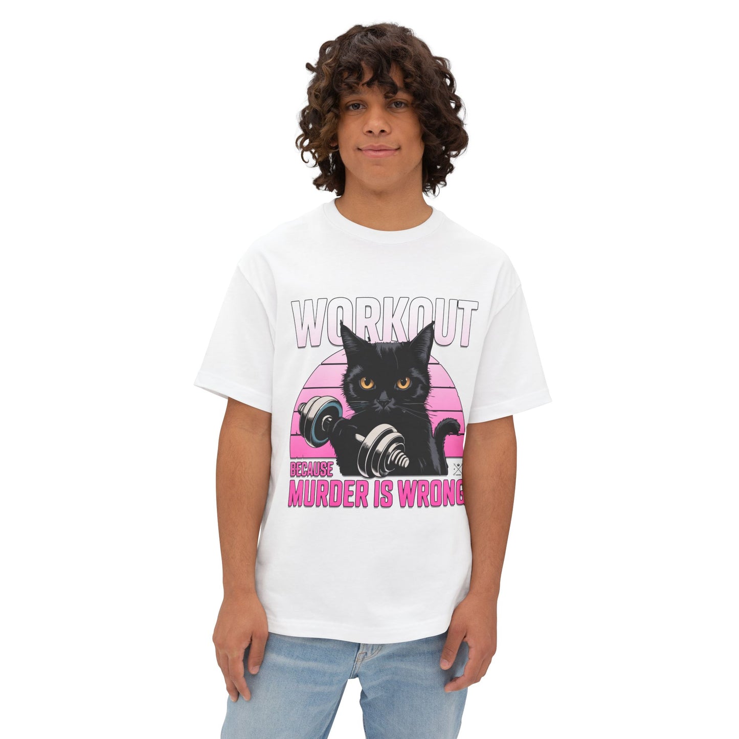 Funny Cat Workout Tee - Unisex Oversized Boxy T-Shirt