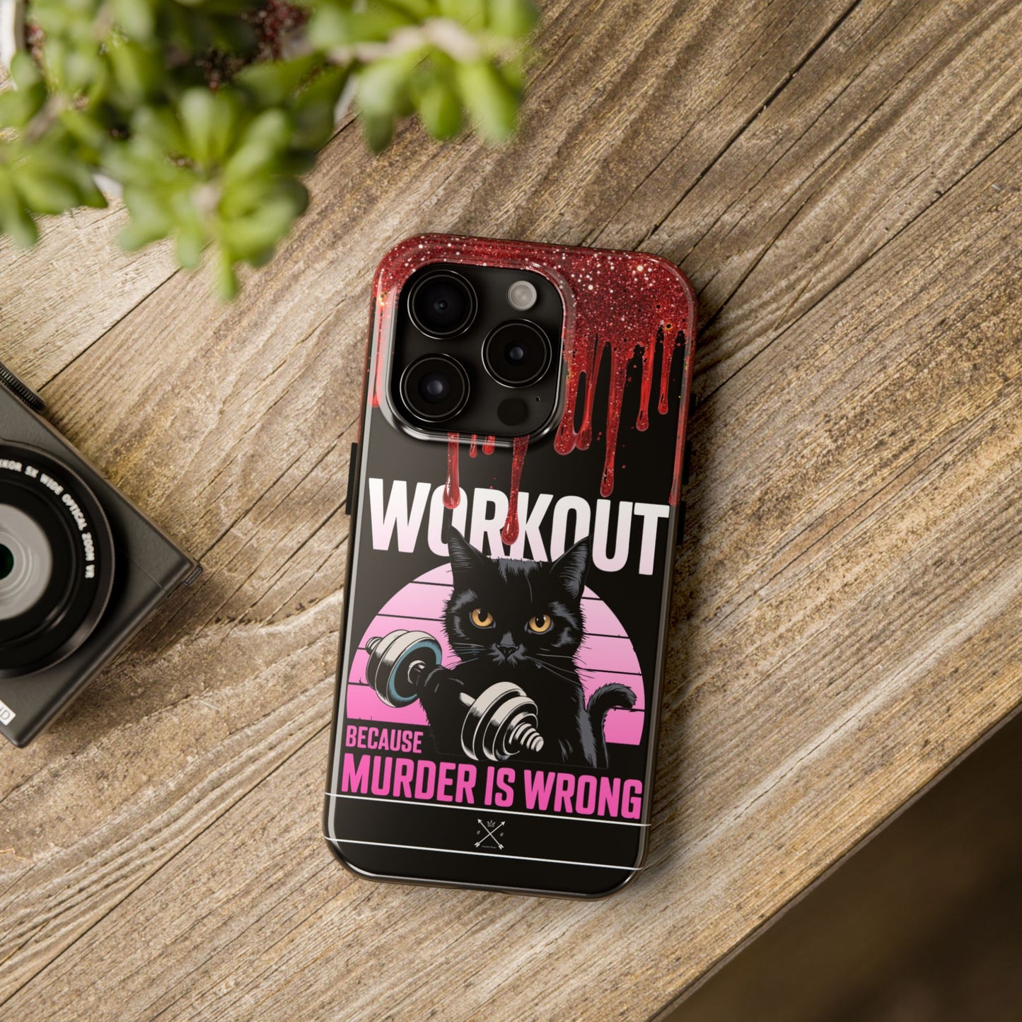 Edgy Cat Tough Phone Case - 'Workout Because Murder Is Wrong'