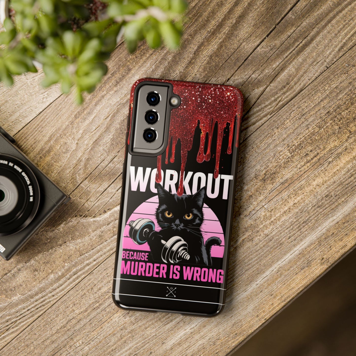 Edgy Cat Tough Phone Case - 'Workout Because Murder Is Wrong'
