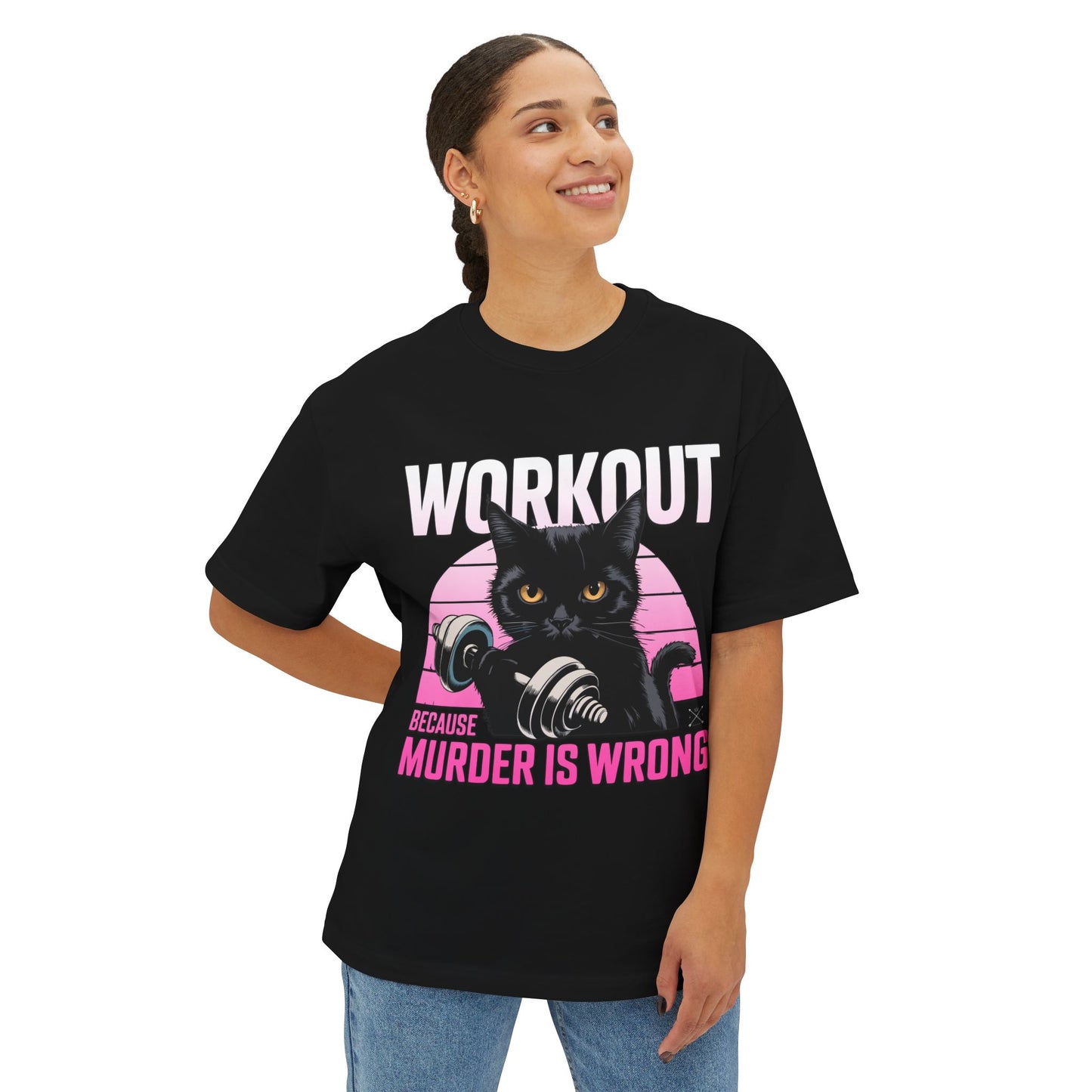 Funny Cat Workout Tee - Unisex Oversized Boxy T-Shirt