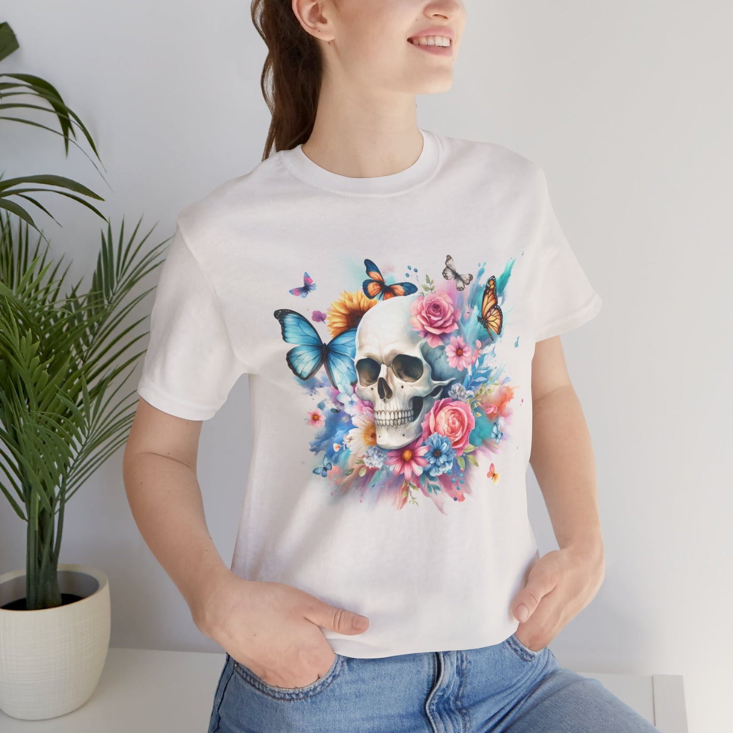 Watercolor Skull and Butterflies - Unisex Jersey Short Sleeve Tee