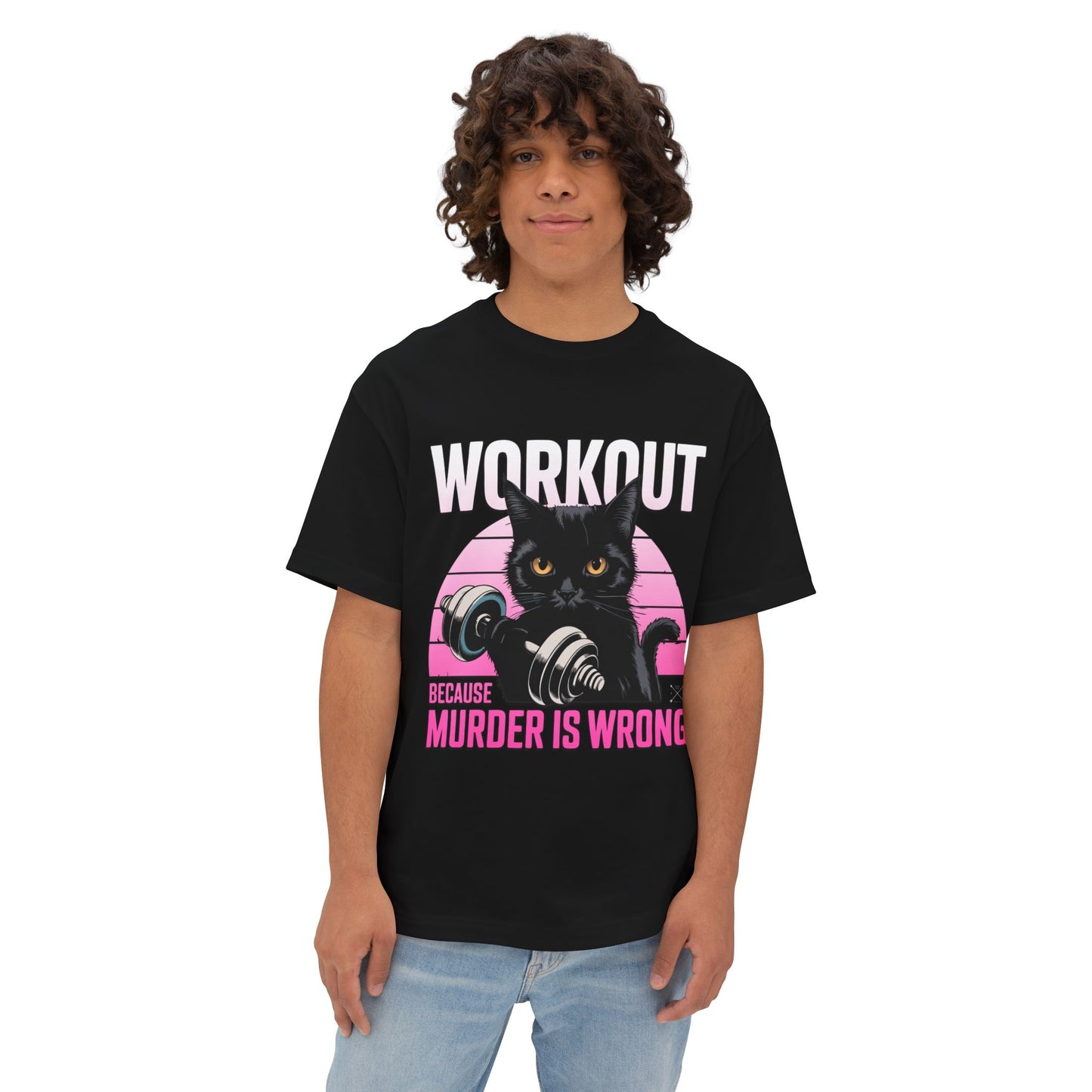 Funny Cat Workout Tee - Unisex Oversized Boxy T-Shirt