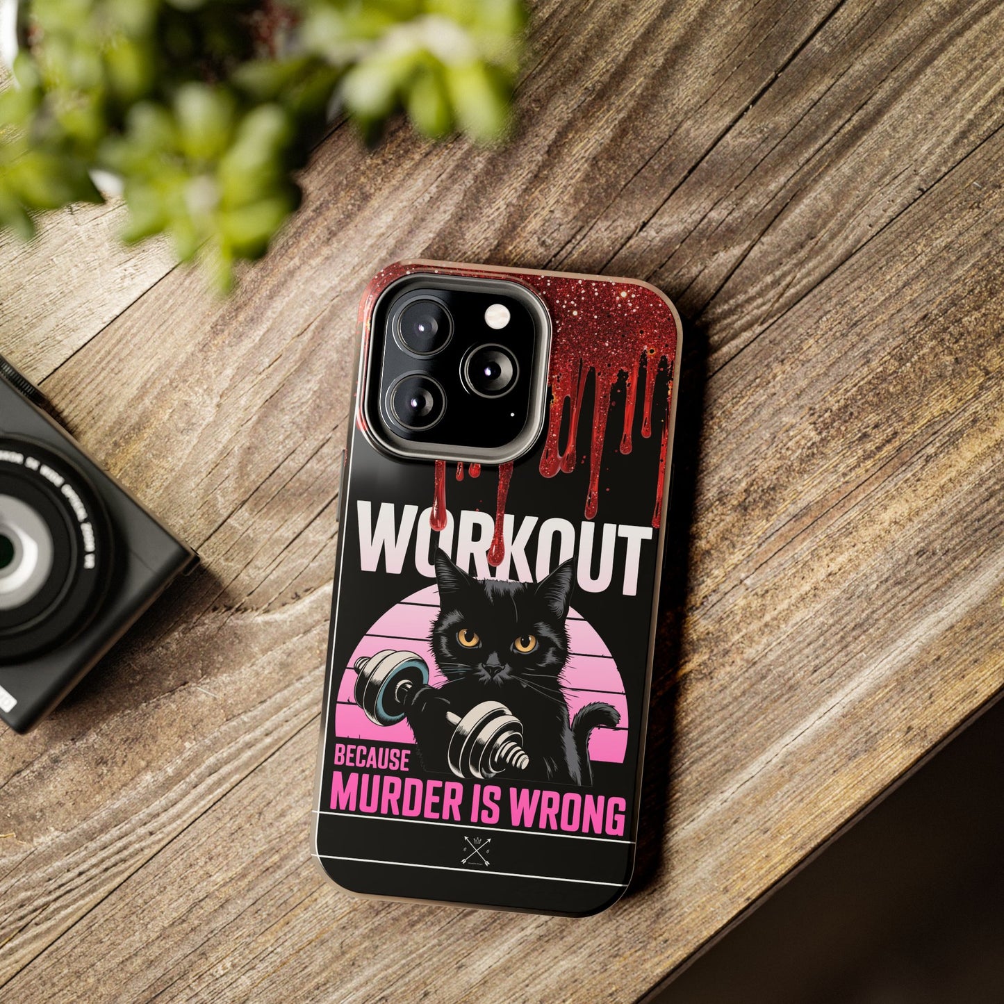 Edgy Cat Tough Phone Case - 'Workout Because Murder Is Wrong'