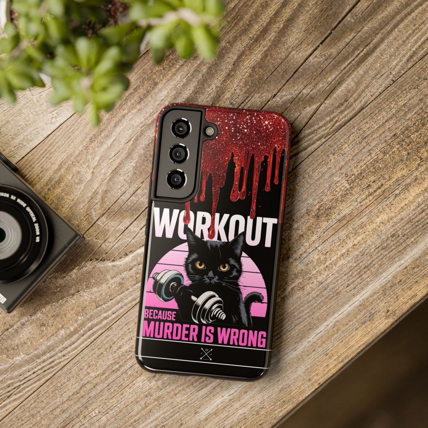 Edgy Cat Tough Phone Case - 'Workout Because Murder Is Wrong'