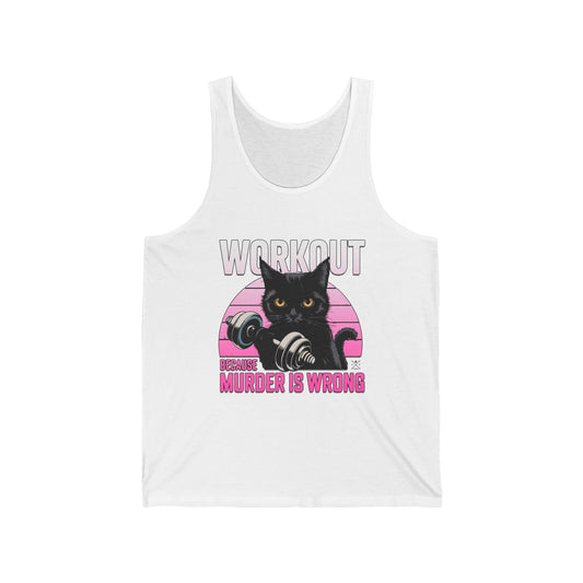Unisex Funny Cat Workout Jersey Tank - 'Murder is Wrong'