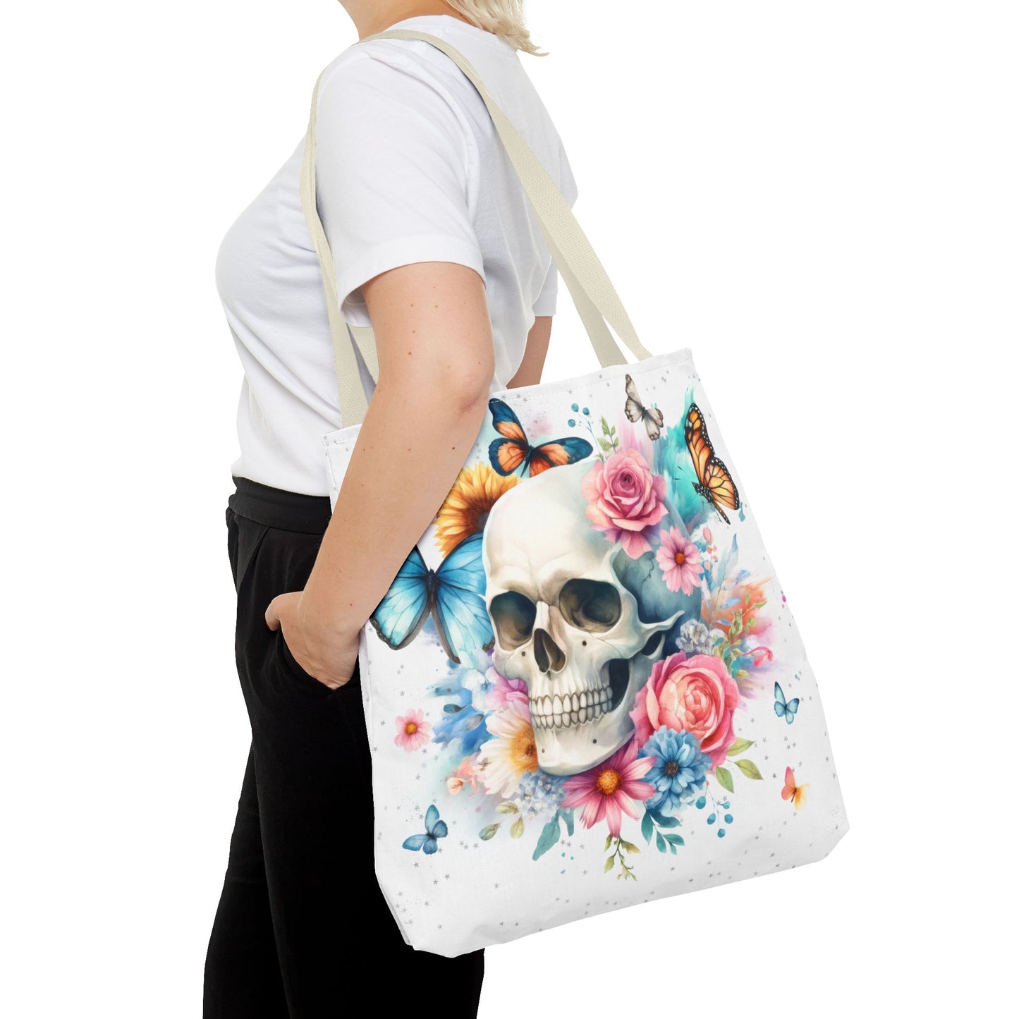 Watercolor Skull and Butterflies (white) - Tote Bag (AOP)