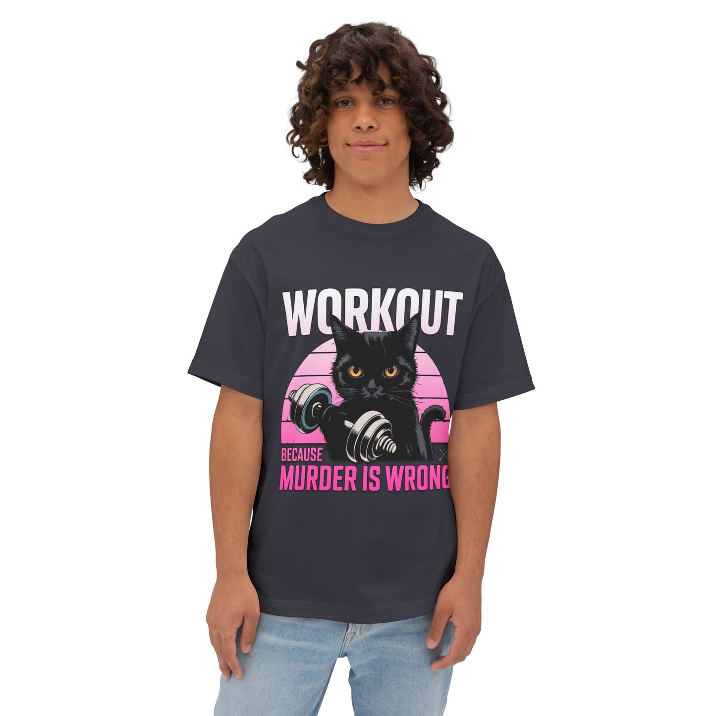 Funny Cat Workout Tee - Unisex Oversized Boxy T-Shirt