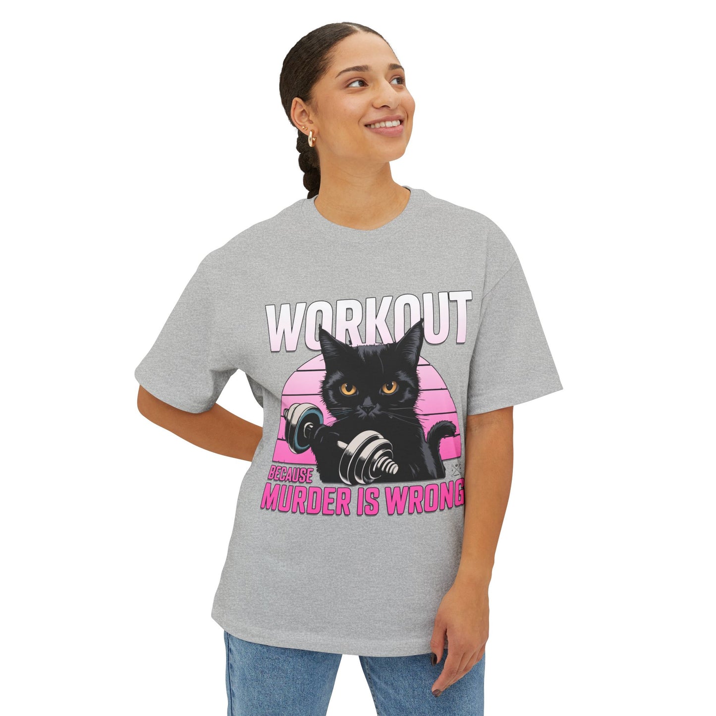 Funny Cat Workout Tee - Unisex Oversized Boxy T-Shirt
