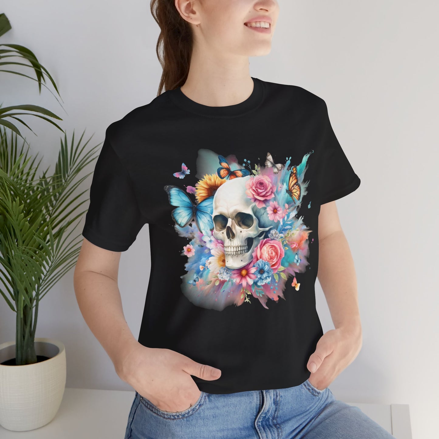 Watercolor Skull and Butterflies - Unisex Jersey Short Sleeve Tee