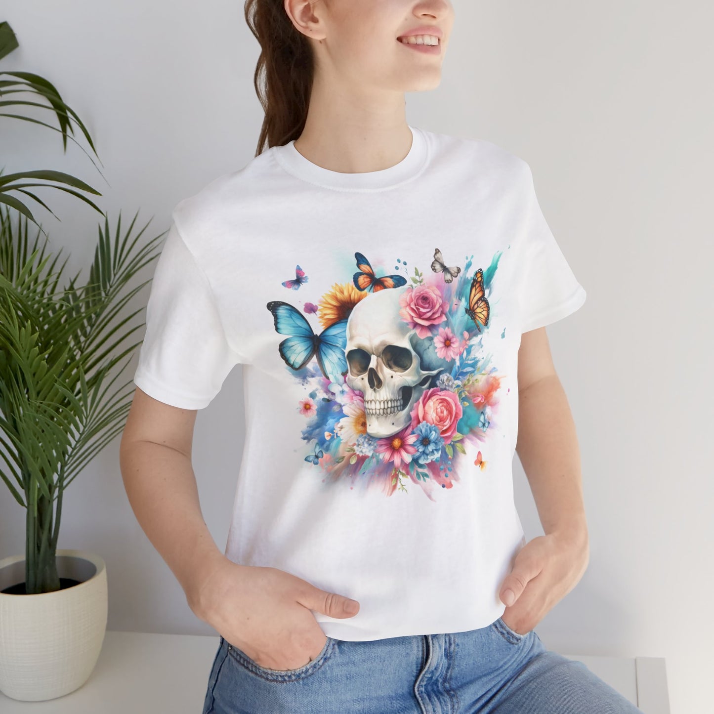 Watercolor Skull and Butterflies - Unisex Jersey Short Sleeve Tee