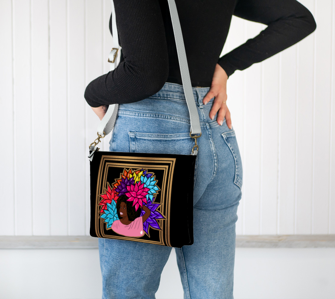 Beauty with Flowers Golden -Vegan Leather Crossbody Purse -Black