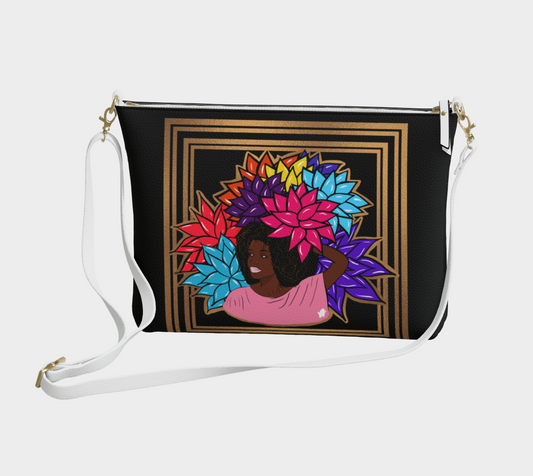 Beauty with Flowers Golden -Vegan Leather Crossbody Purse -Black