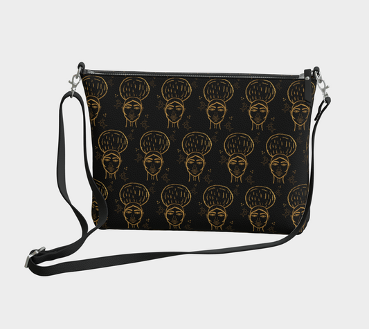 Afro Beauty Sparkle Pattern - Vegan Leather Crossbody - Black