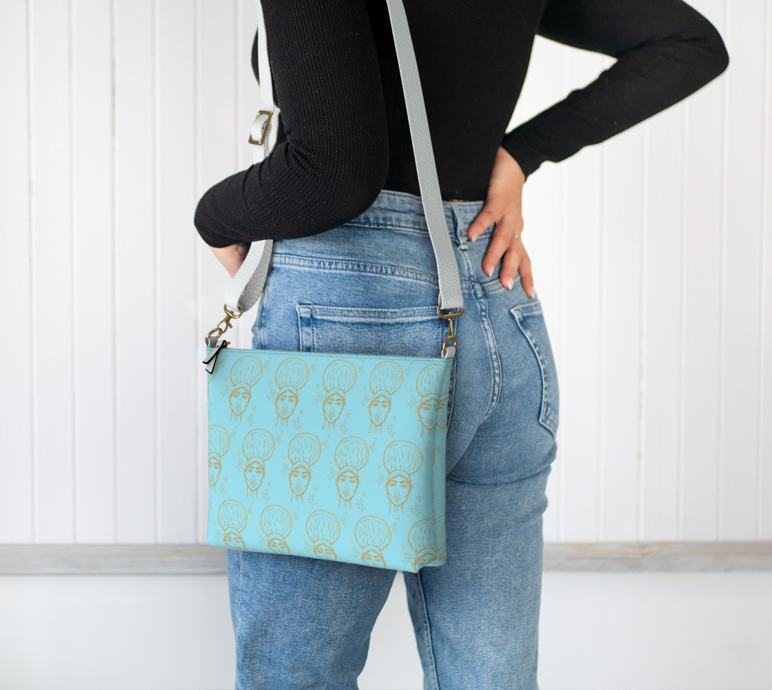 Afro Beauty Sparkle Pattern - Vegan Leather Crossbody - Lt. Blue