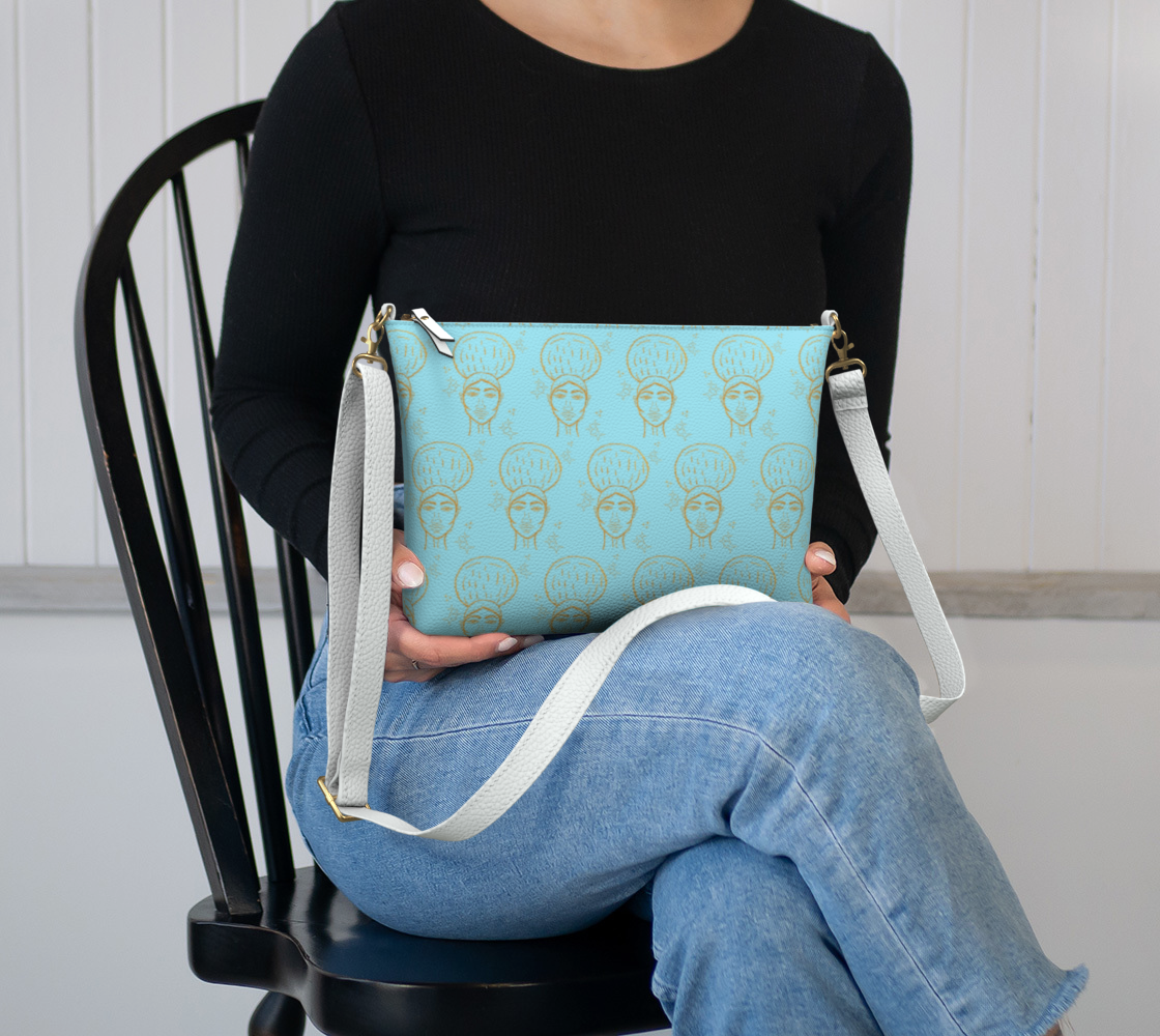 Afro Beauty Sparkle Pattern - Vegan Leather Crossbody - Lt. Blue