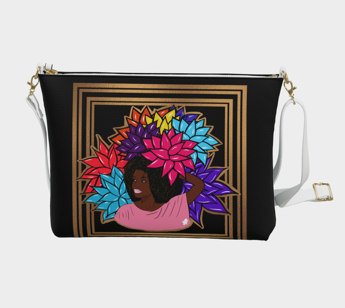 Beauty with Flowers Golden -Vegan Leather Crossbody Purse -Black