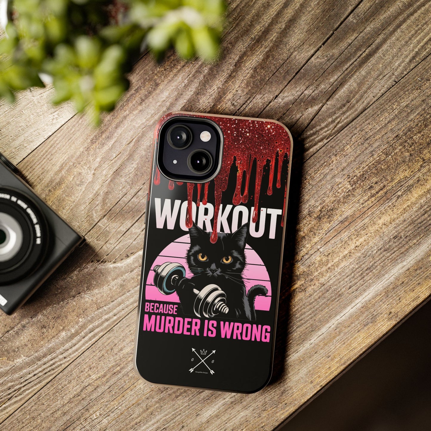 Edgy Cat Tough Phone Case - 'Workout Because Murder Is Wrong'