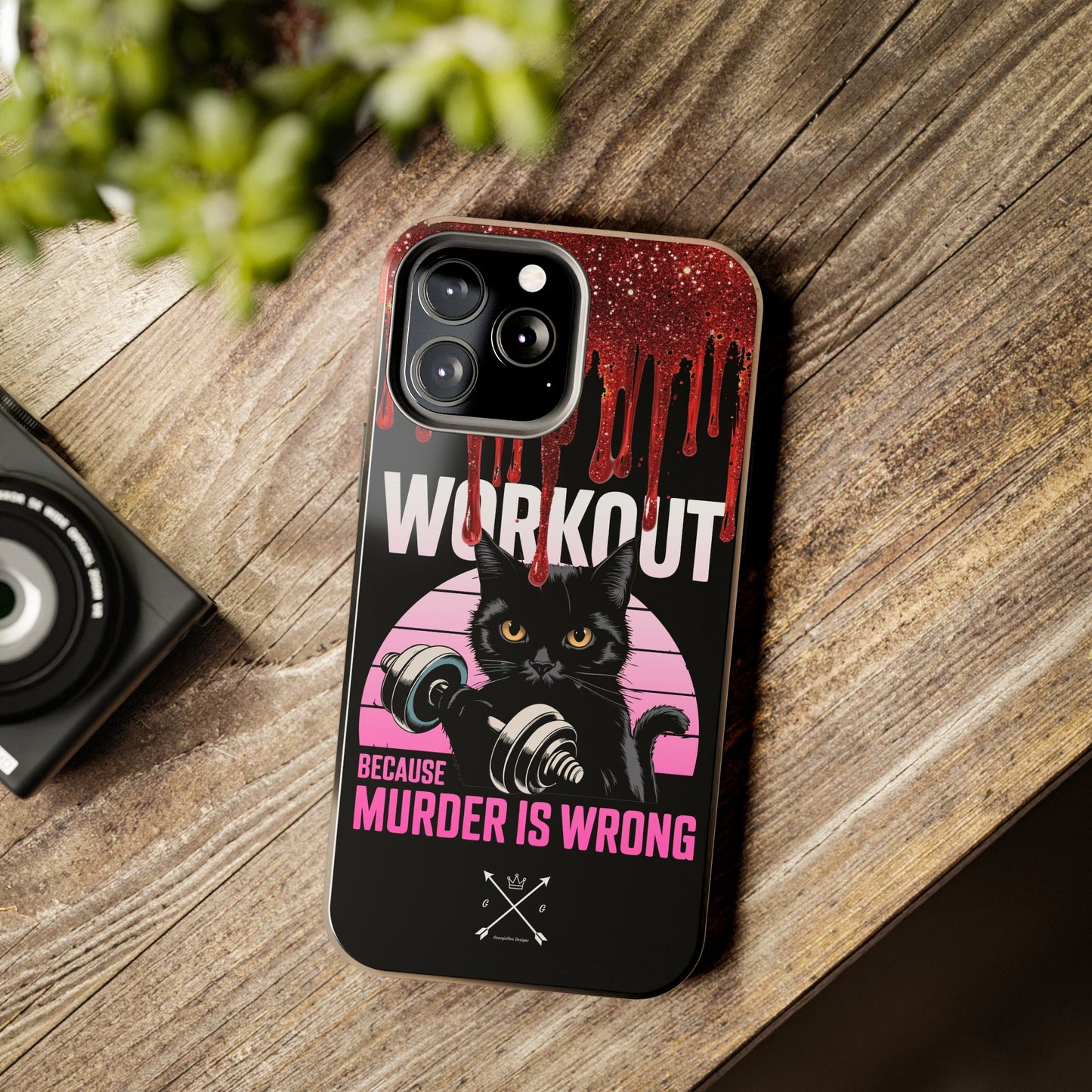 Edgy Cat Tough Phone Case - 'Workout Because Murder Is Wrong'
