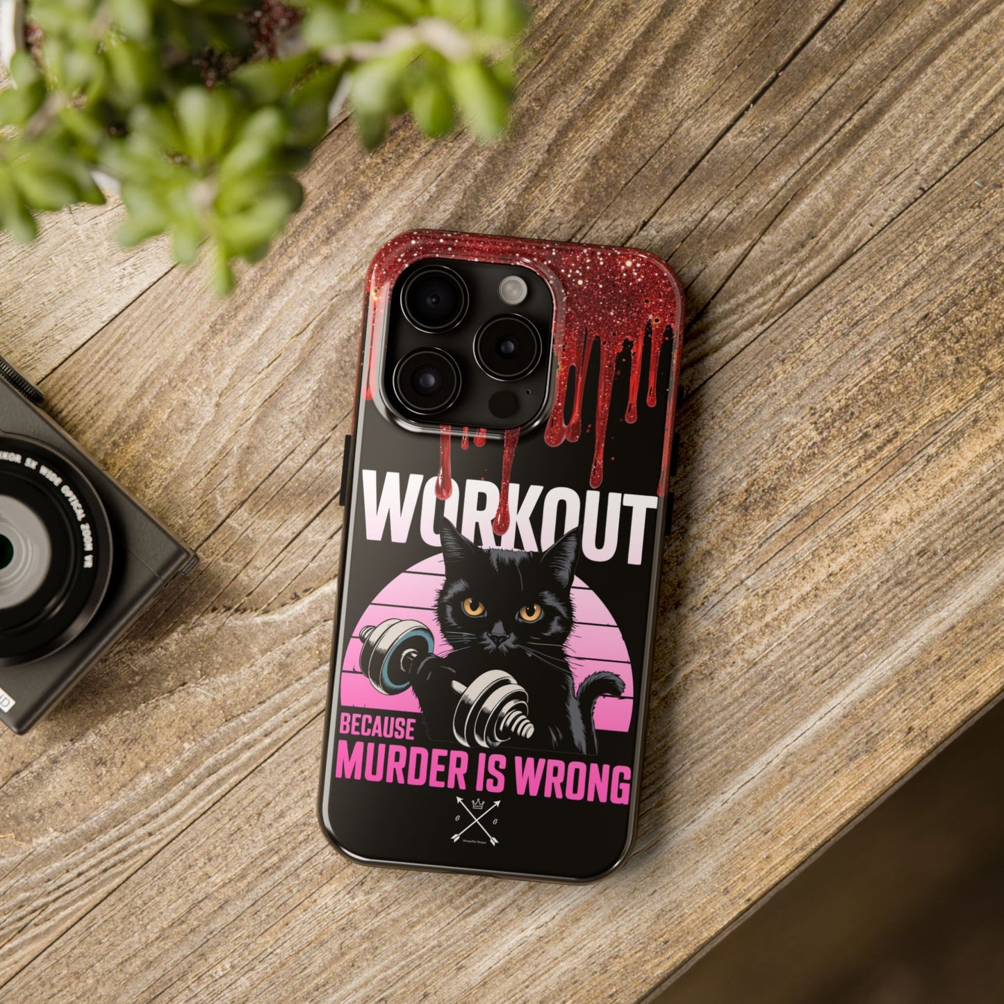 Edgy Cat Tough Phone Case - 'Workout Because Murder Is Wrong'
