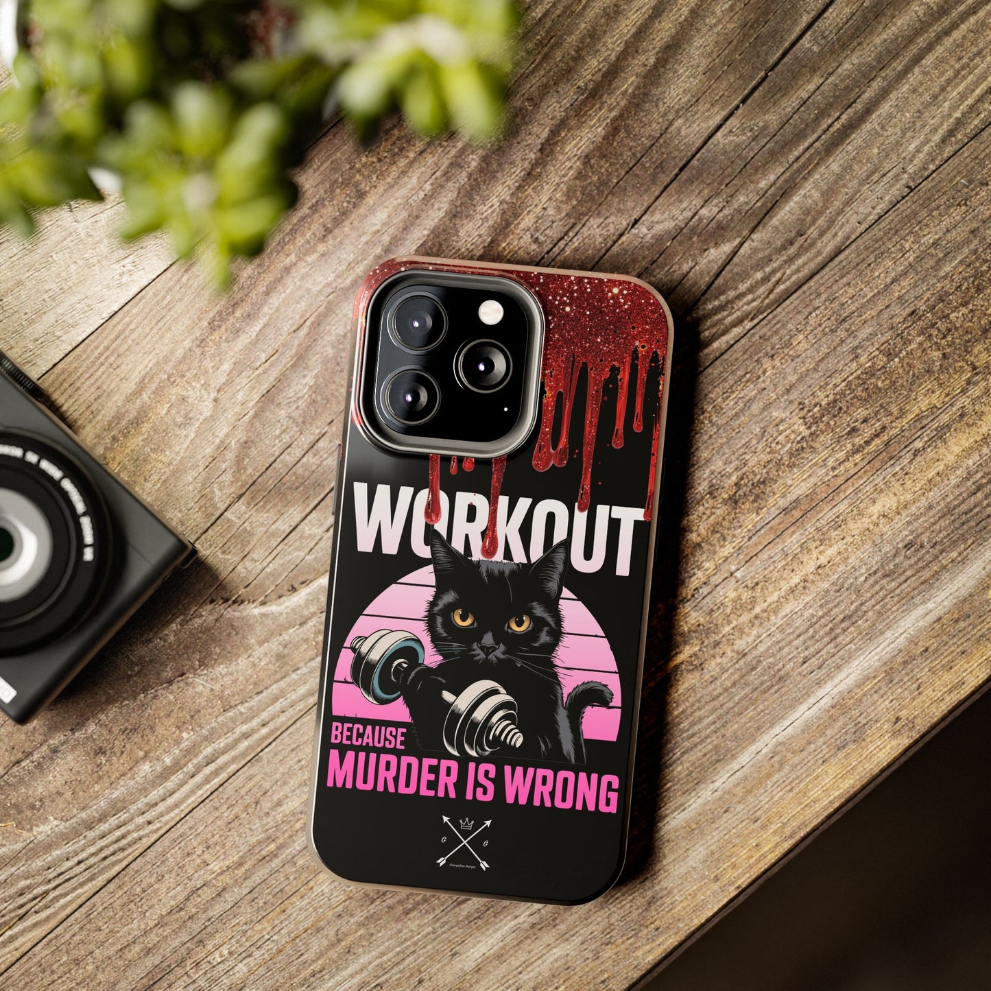 Edgy Cat Tough Phone Case - 'Workout Because Murder Is Wrong'