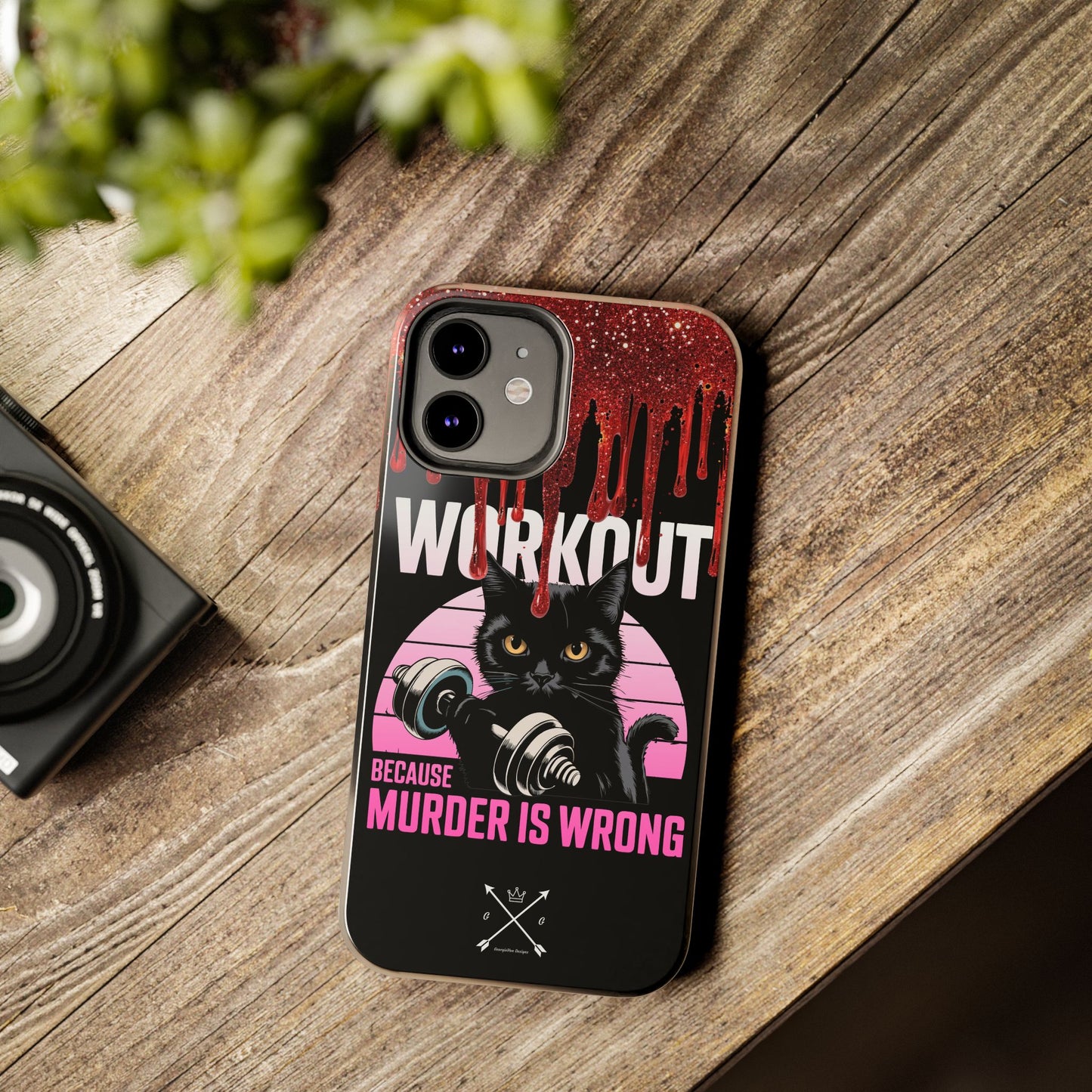 Edgy Cat Tough Phone Case - 'Workout Because Murder Is Wrong'