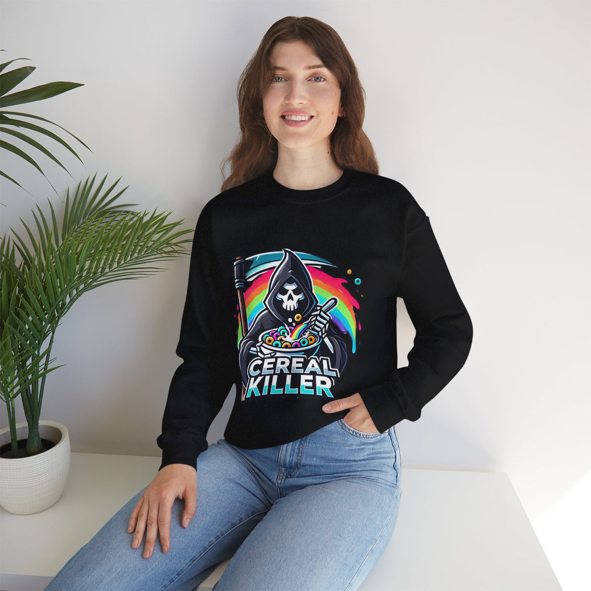 Cereal Killer Crewneck Sweatshirt — Funny Grim Reaper Cereal Graphic