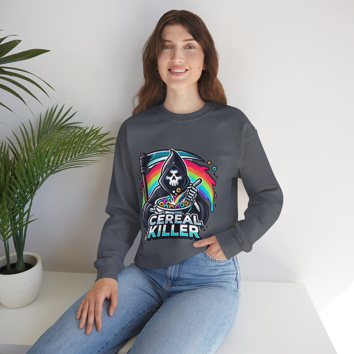 Cereal Killer Crewneck Sweatshirt — Funny Grim Reaper Cereal Graphic