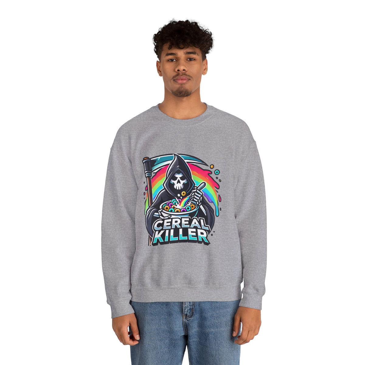Cereal Killer Crewneck Sweatshirt — Funny Grim Reaper Cereal Graphic