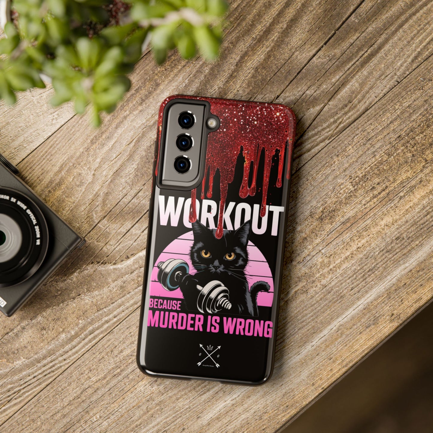 Edgy Cat Tough Phone Case - 'Workout Because Murder Is Wrong'