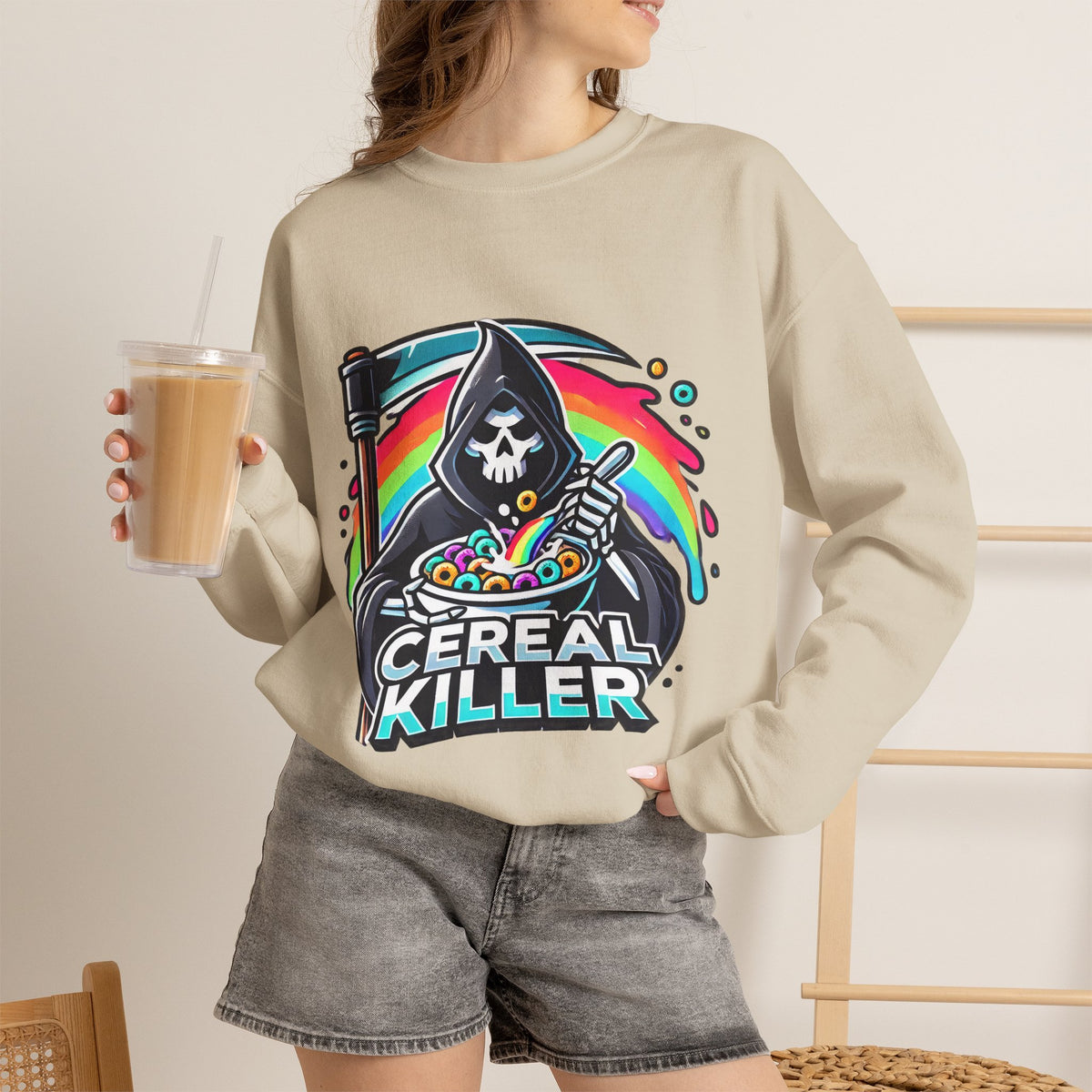 Cereal Killer Crewneck Sweatshirt — Funny Grim Reaper Cereal Graphic