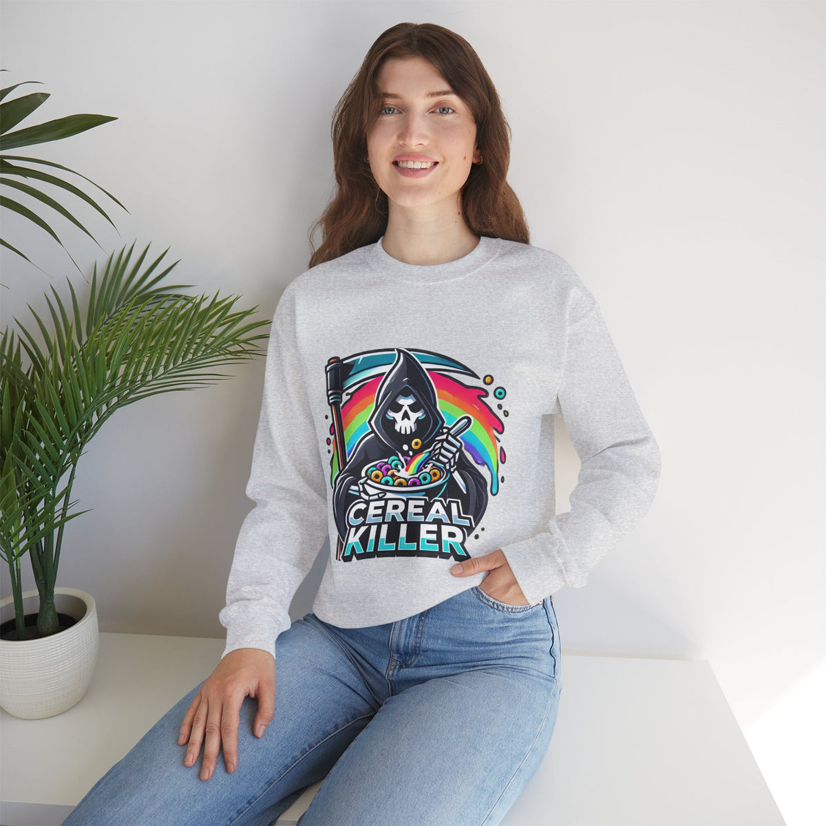 Cereal Killer Crewneck Sweatshirt — Funny Grim Reaper Cereal Graphic
