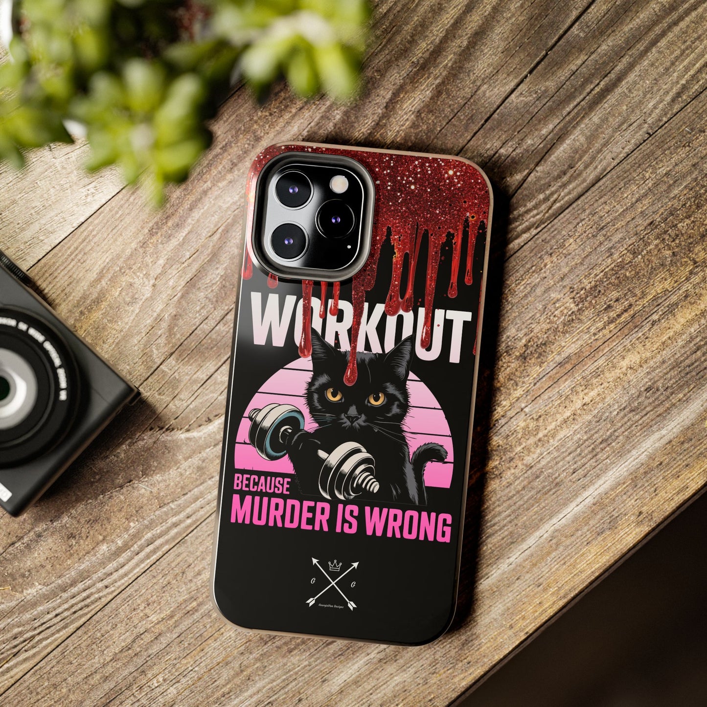Edgy Cat Tough Phone Case - 'Workout Because Murder Is Wrong'