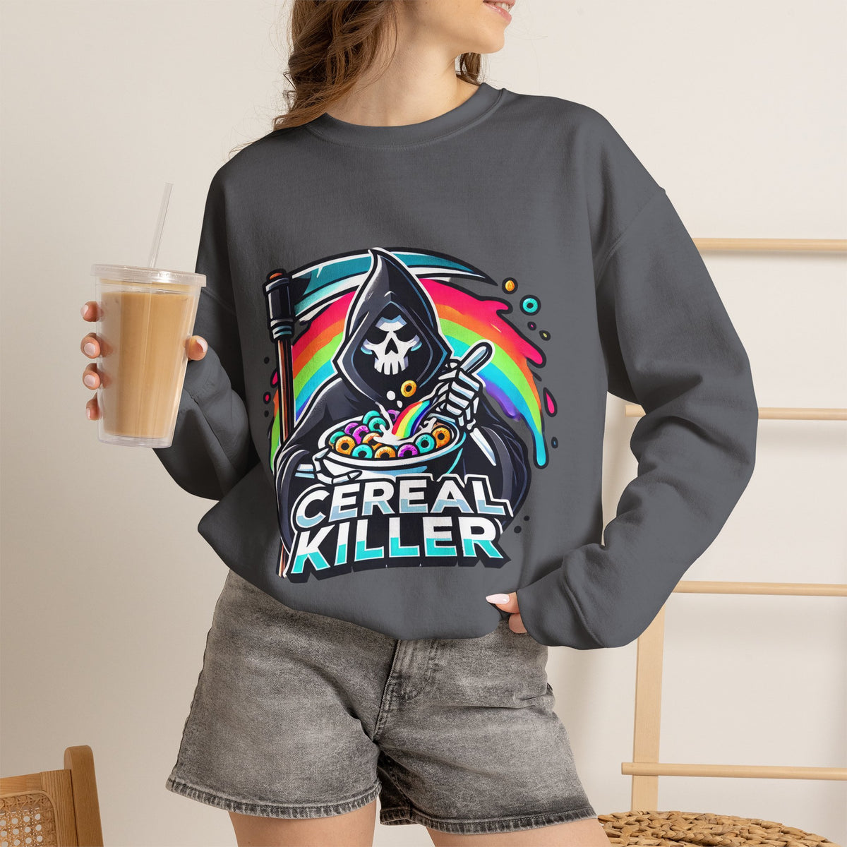 Cereal Killer Crewneck Sweatshirt — Funny Grim Reaper Cereal Graphic