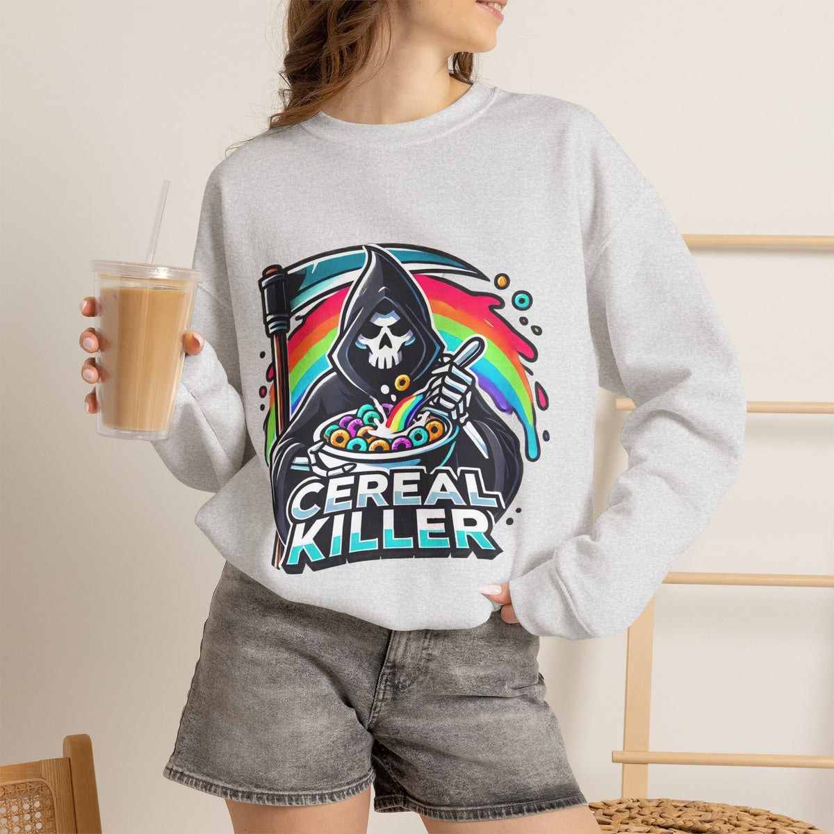 Cereal Killer Crewneck Sweatshirt — Funny Grim Reaper Cereal Graphic