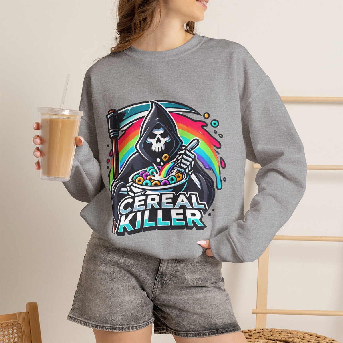Cereal Killer Crewneck Sweatshirt — Funny Grim Reaper Cereal Graphic