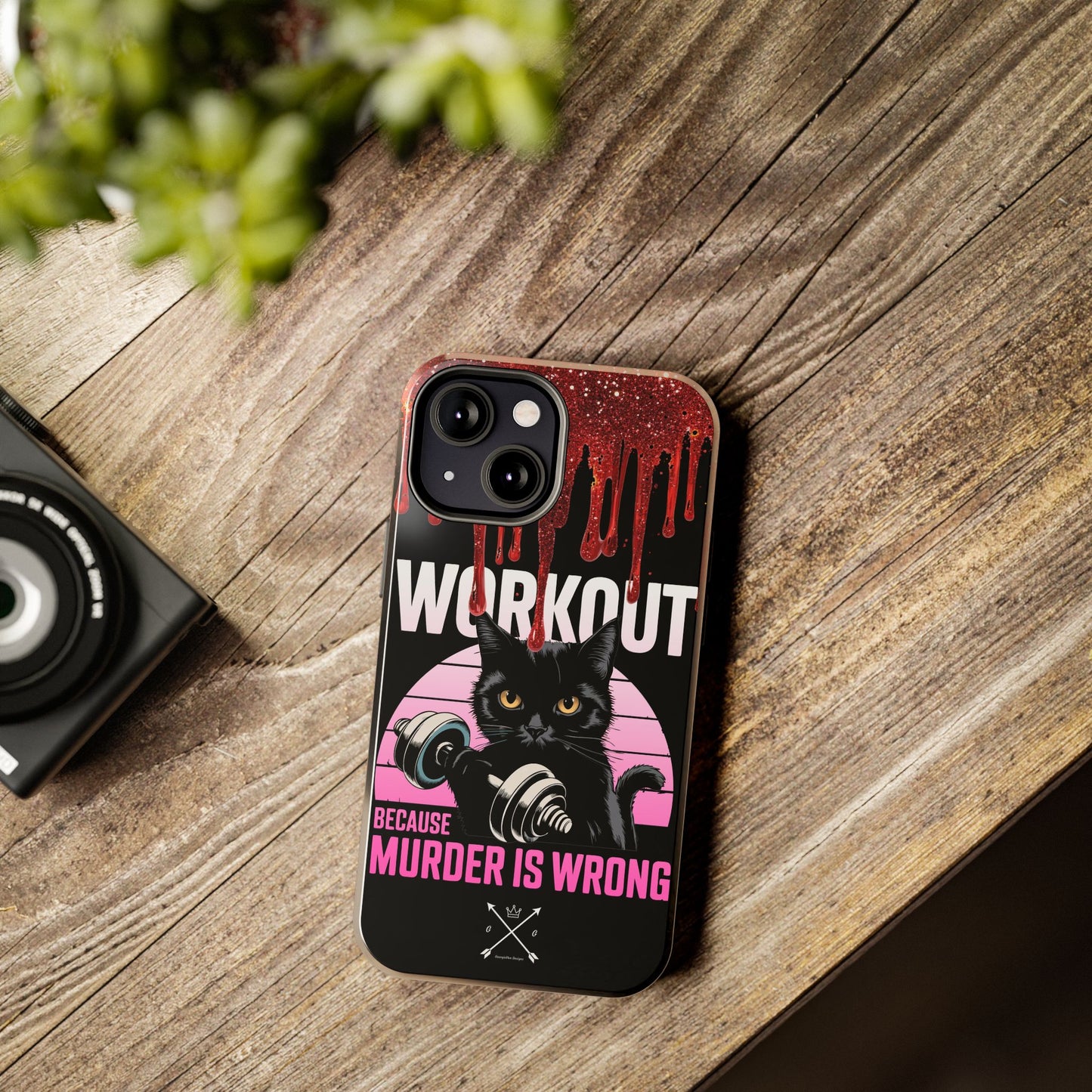 Edgy Cat Tough Phone Case - 'Workout Because Murder Is Wrong'
