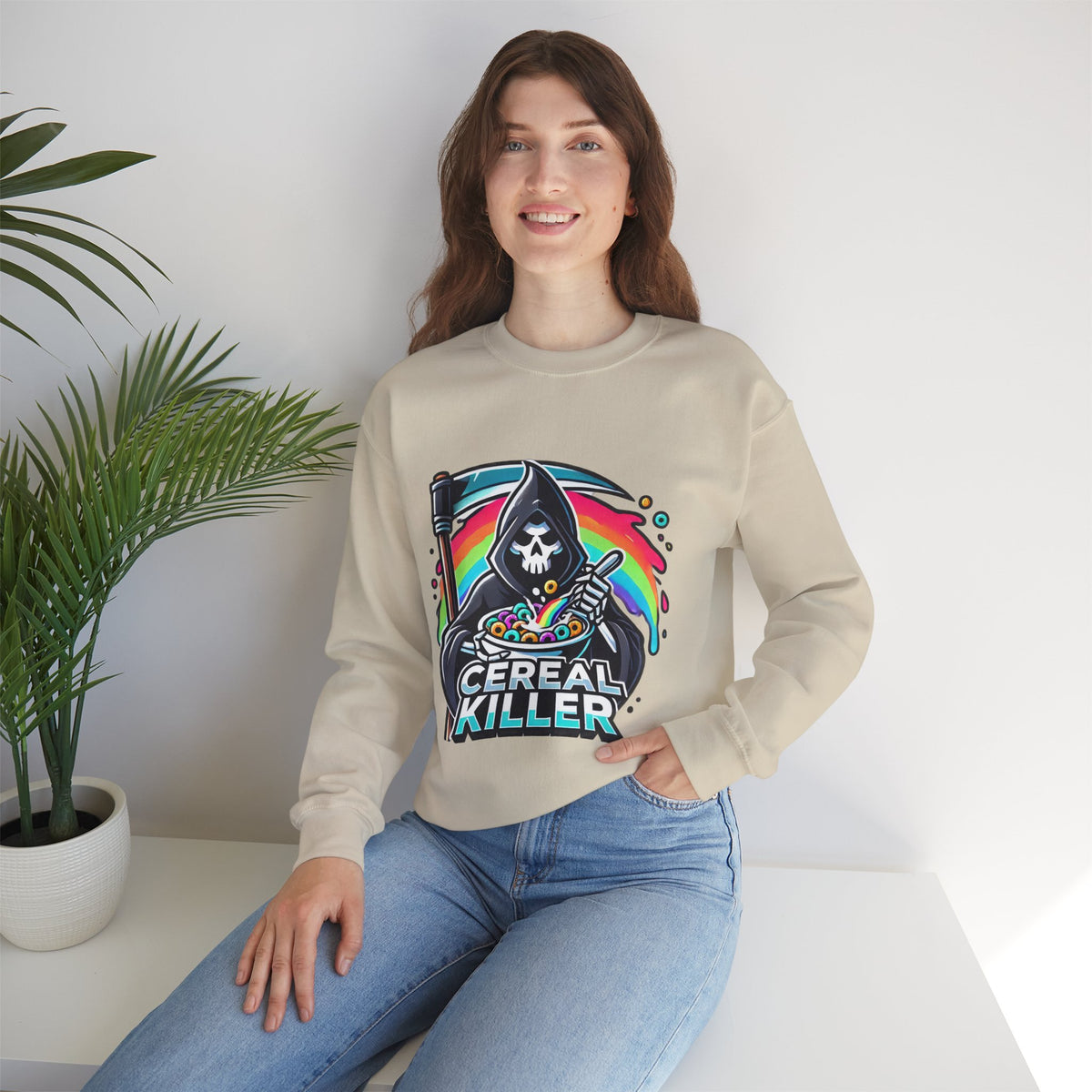 Cereal Killer Crewneck Sweatshirt — Funny Grim Reaper Cereal Graphic