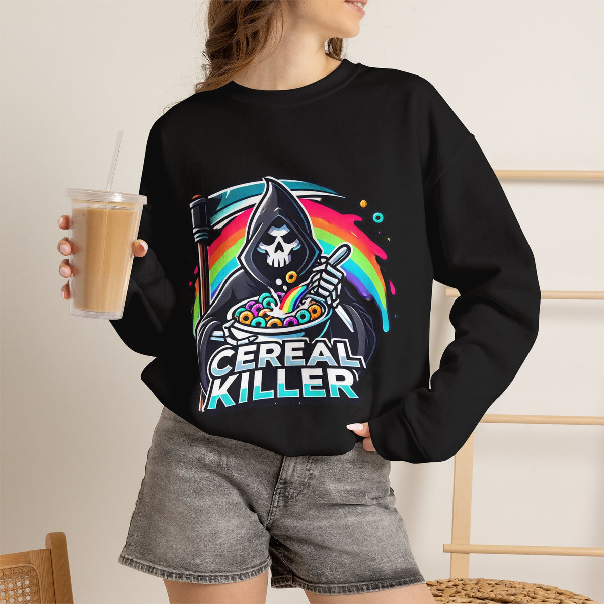 Cereal Killer Crewneck Sweatshirt — Funny Grim Reaper Cereal Graphic