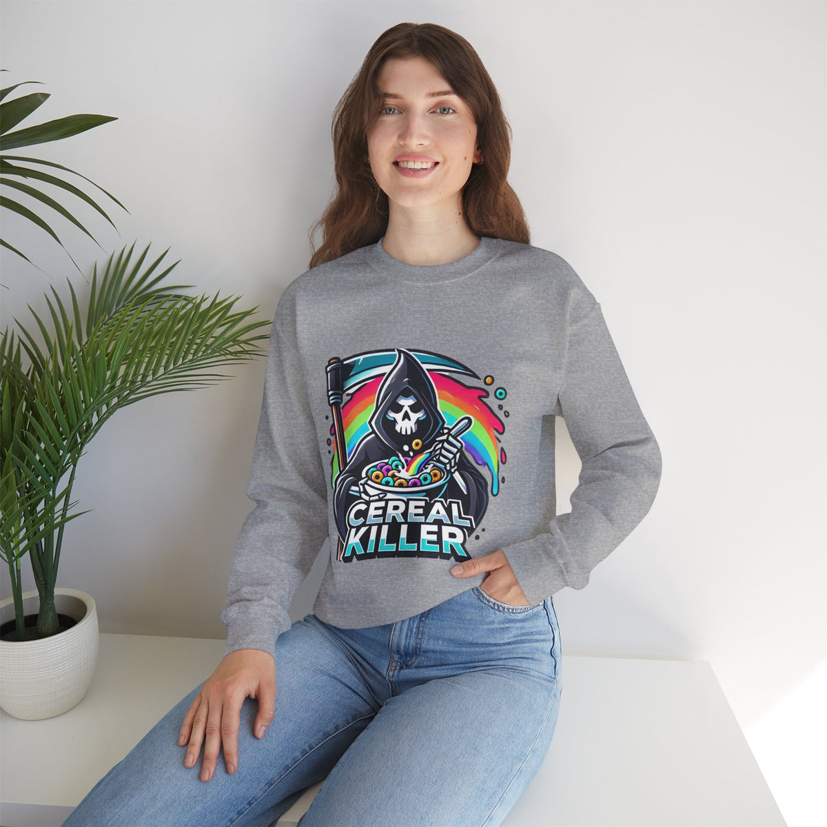 Cereal Killer Crewneck Sweatshirt — Funny Grim Reaper Cereal Graphic